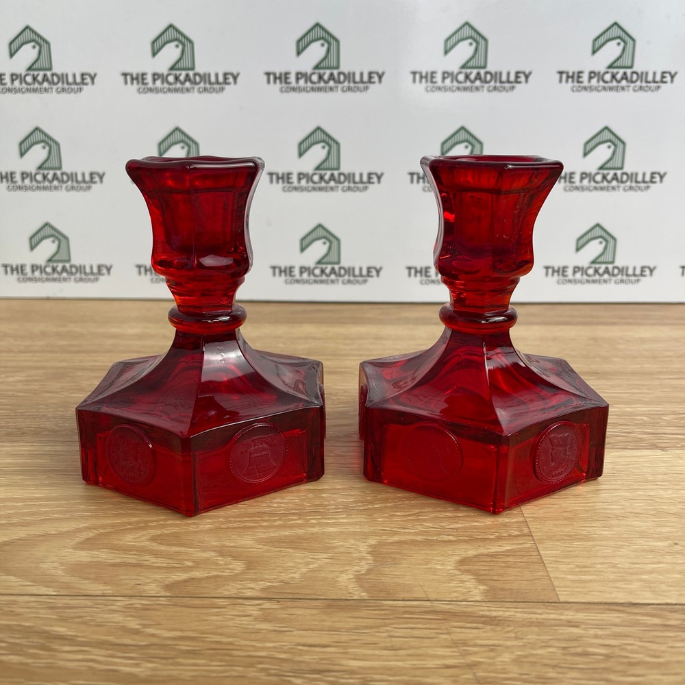 Vintage Ruby Red Glass Coin Candlestick Holders Hexagon Liberty Bell Set of 2